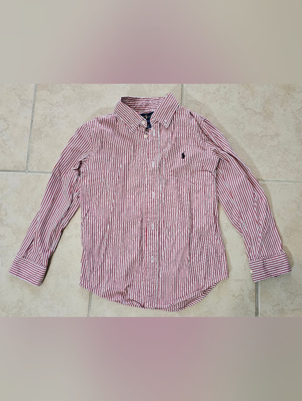 Ralph Lauren Boys Long Sleeve Cotton Red & Black Striped Dress Shirt Size 7